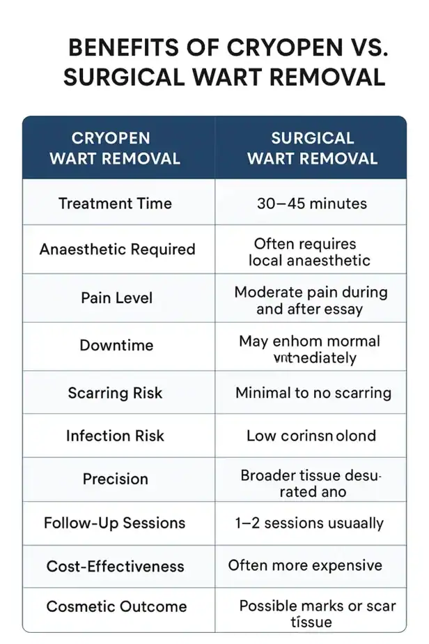 Table showing the benefits of cryopen to remove warts Holmes Chapel compared to surgical treatment